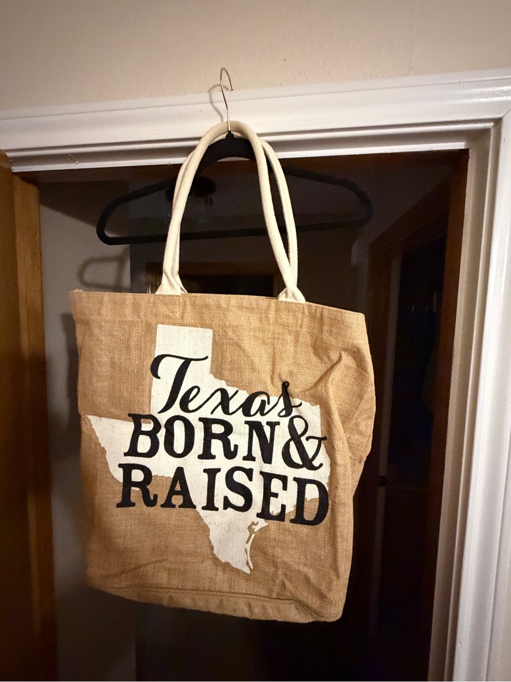 Mud Pie Tan Burlap Texas Tote with Cream Handles